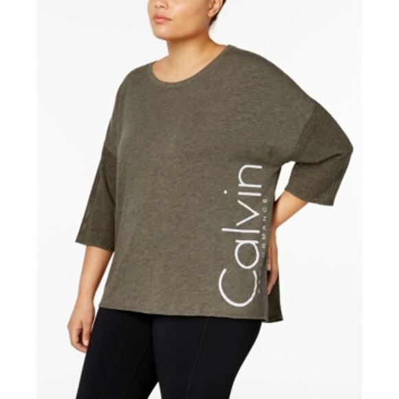 Calvin Klein Tops - Calvin Klein Women's Plus Size Olive Logo Tee 3/4 Sleeve Oversized Top Size 2X